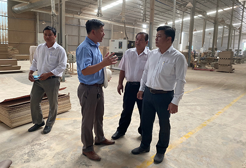 Các đại biểu trao đổi trong buổi nghiệm thu đề án tại Công ty TNHH Sản xuất chế biến gỗ Mộc Phát (huyện Phú Giáo)